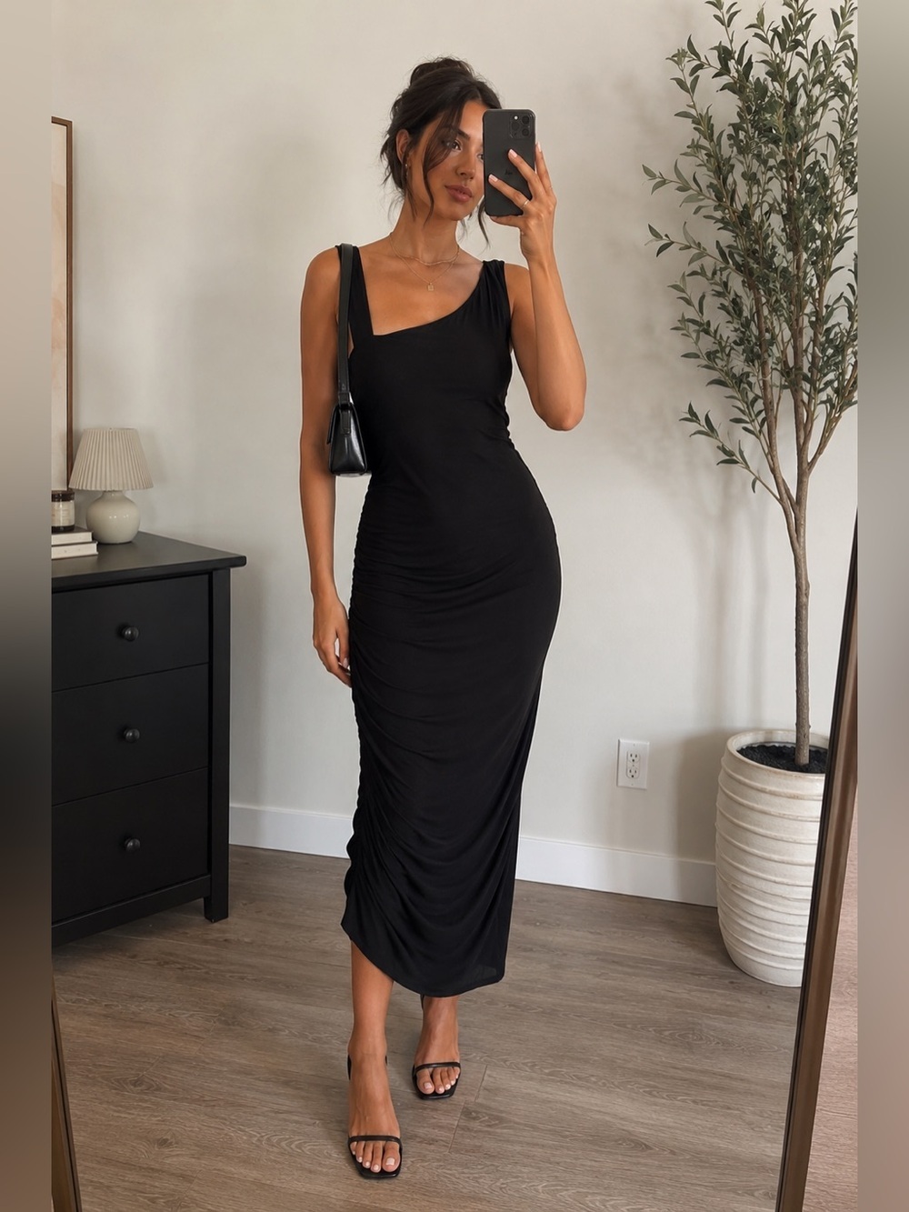 INC International Concepts Black One Shoulder Ruched Midi Dress Asymmetrical New